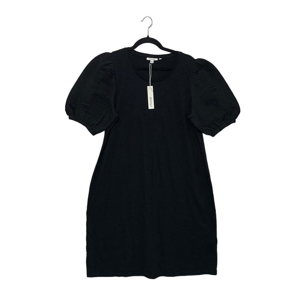 Chico's Textured Puff Sleeve Mini Dress Womens Sz 2 (L) Black Modal Quiet Luxury